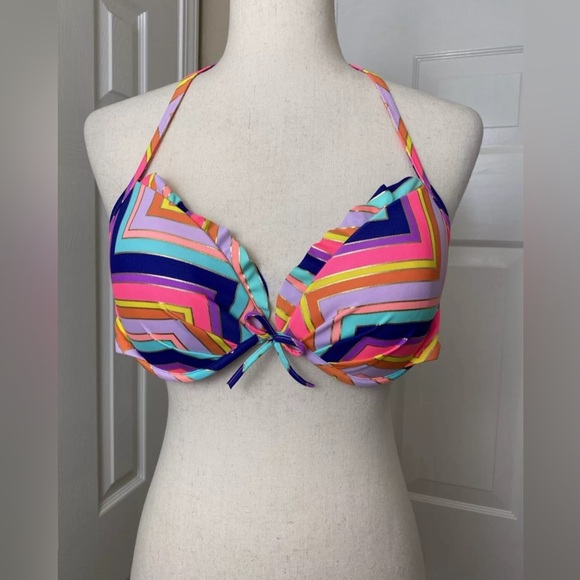 Victoria’s Secret Womens Bikini Swim Top Size 34D Pink Multicolor Padded - Picture 1 of 6